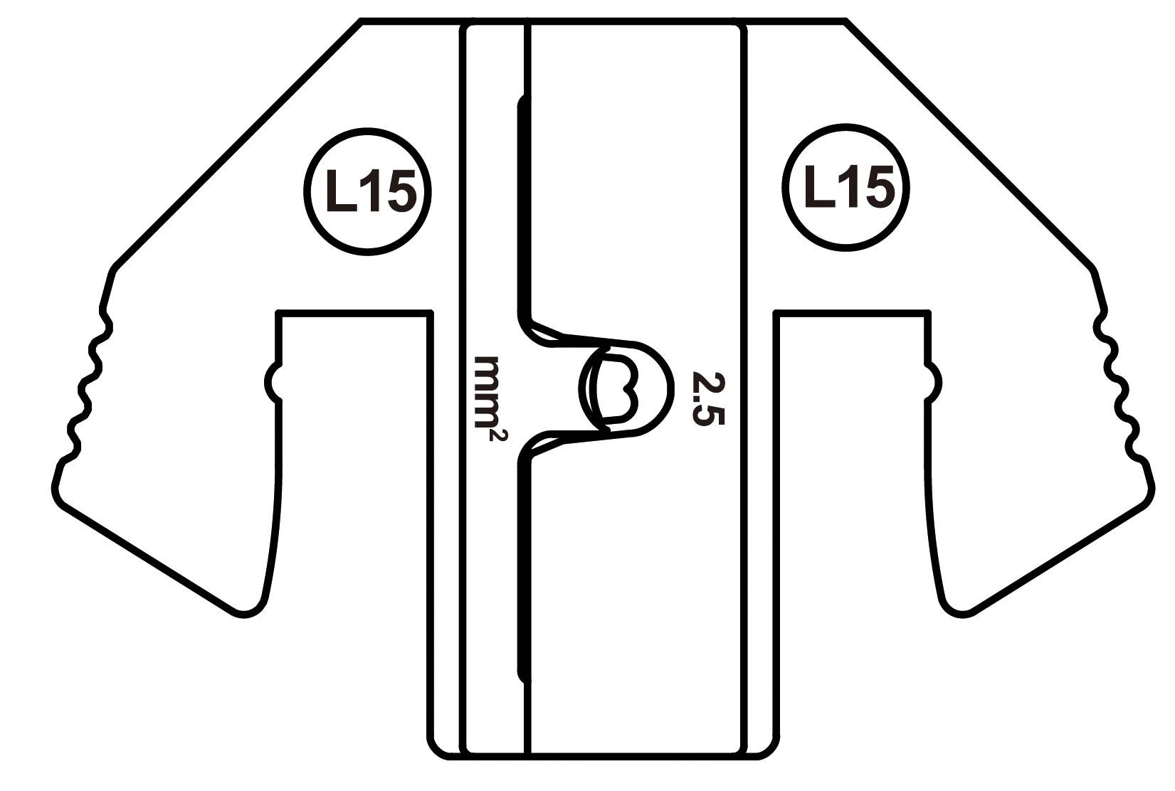 Line drawing of a metal profile with two lateral wings, marked with 'L15'. The central section shows a marking of '2.5 mm²'.