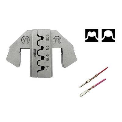 A crimping plier with various notches for cable connection, alongside symbols and two red cables with metal contacts.
