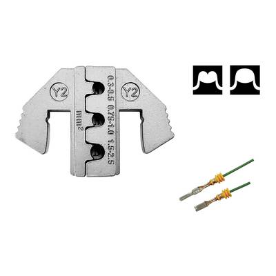 A crimping tool insert marked with 'Y2' and measurement values, alongside two isolated connector plugs and a symbol with two expressions.