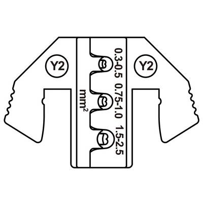 Crimp tool with square shape, marked with 'Y2' and various mm² sizes: 0.25-0.5, 0.75-1.0 and 1.5-2.5 for cable connections.