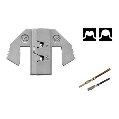 A grey metal tool with markings '1.5' and '2.5', alongside two cable connectors. Two symbols with different patterns are located in the top right.