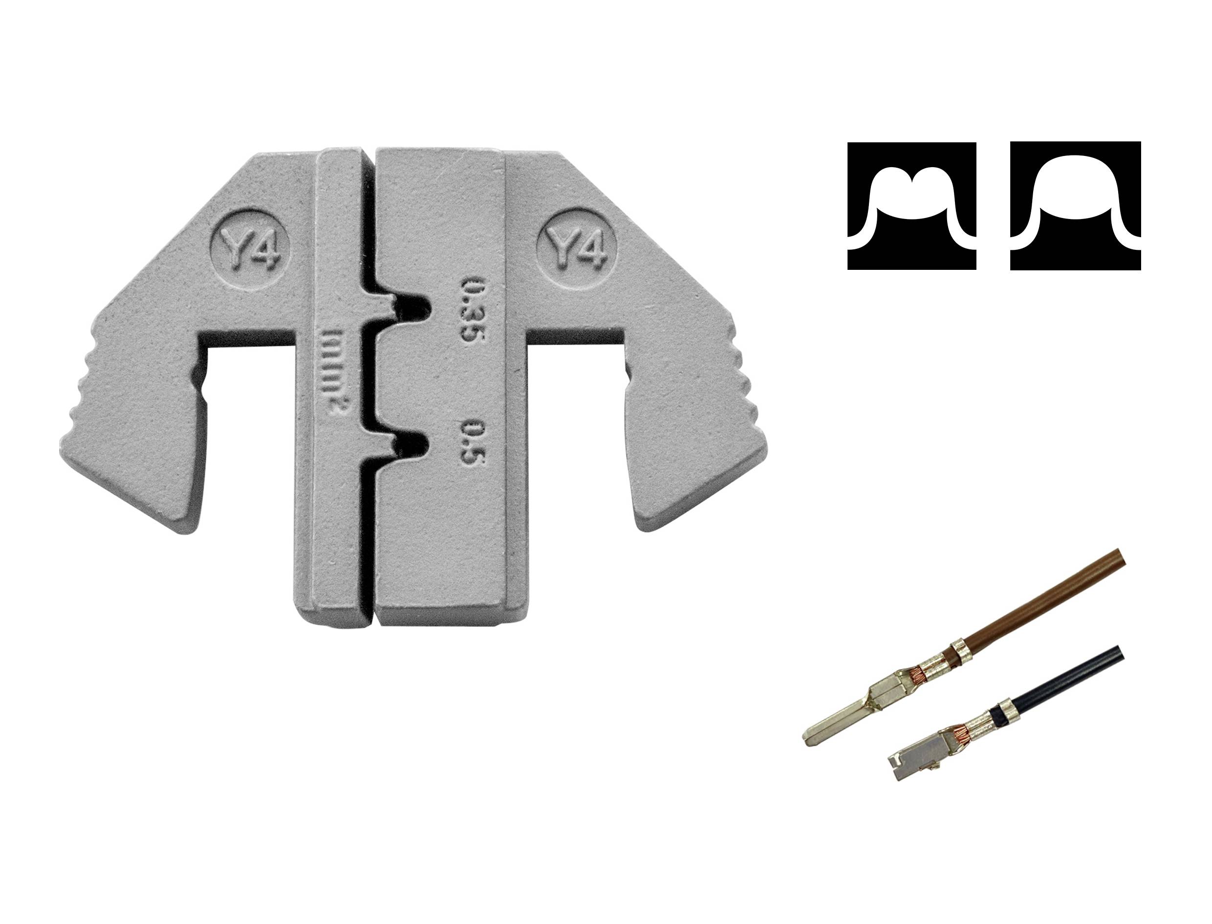 Workshop tool with 'Y4' marking in close-up. Two stylised symbols top right, with two cables with connectors underneath.