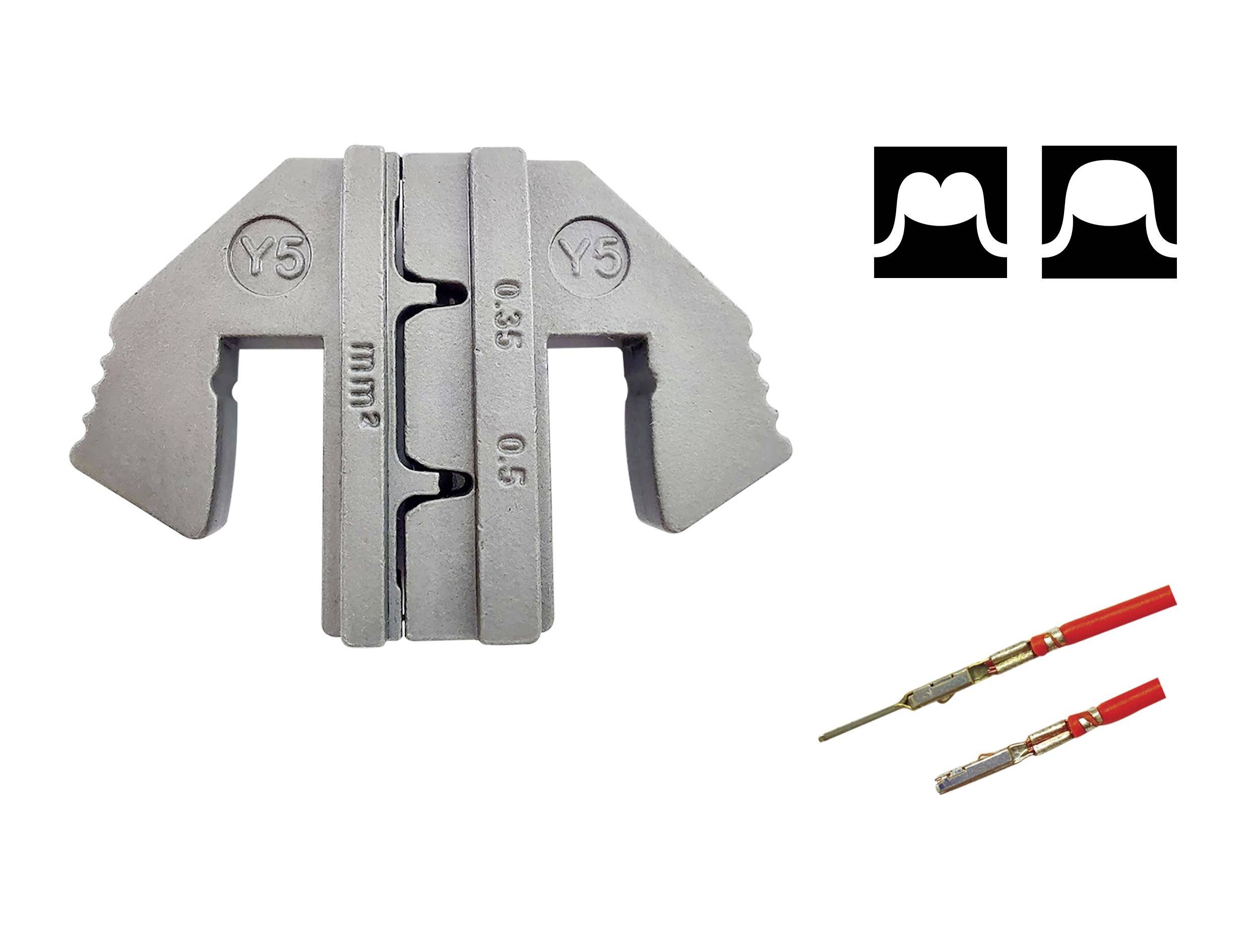 Tool for cable processing, with two red cable shoes at the bottom right. Two square symbols at the top right.