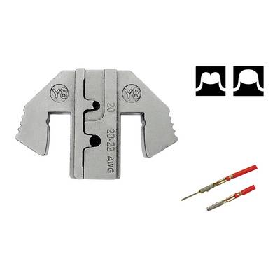 Metal crimping tool for cable end ferrules, with two black symbols and two red cables with golden contacts beside it.