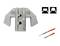 Metal crimping tool for cable end ferrules, with two black symbols and two red cables with golden contacts beside it.