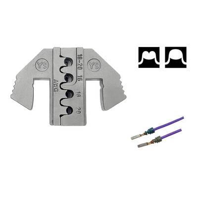 'Crimping tool Y9 with calibration holes for various wire sizes. Two cable ends on the right show suitably insulated wires.'