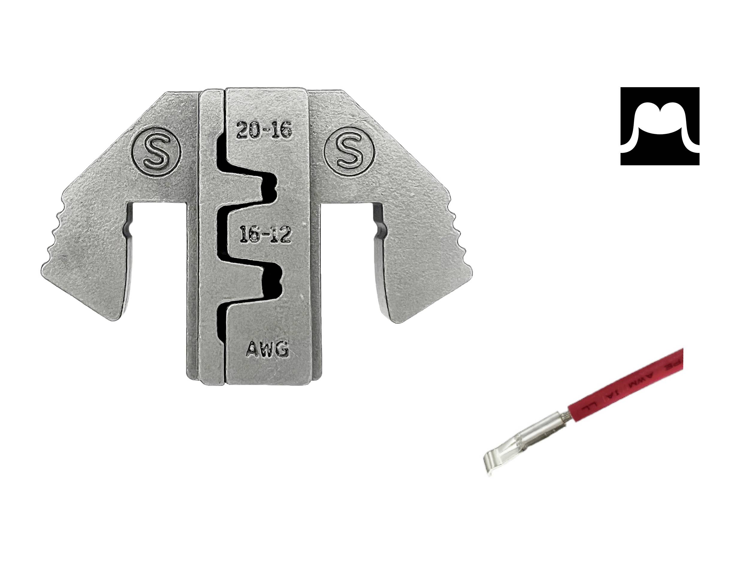 Crimping tool with blades for cable sizes 20-12 AWG, beside a red insulated cable end, with an 'S' symbol on the tool.