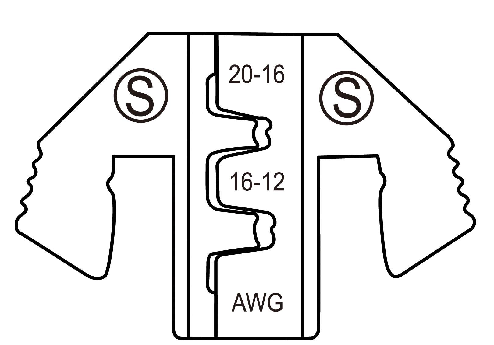 'Top view of a crimping tool with two S-blades, scales for 20-16 and 16-12 AWG wire sizes.'