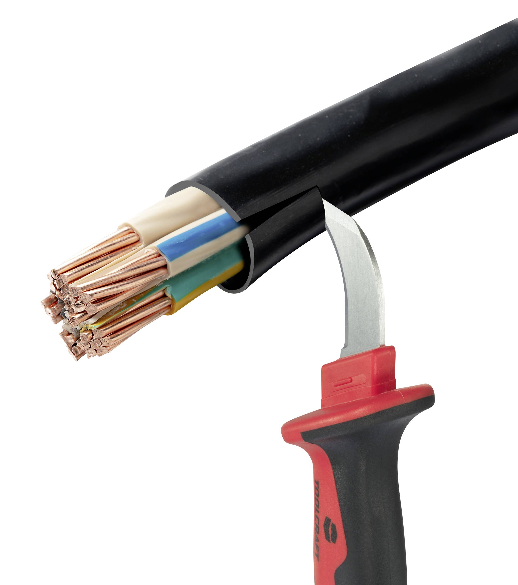 A cable stripper cuts through the insulation of an electrical cable to expose multiple copper wires.