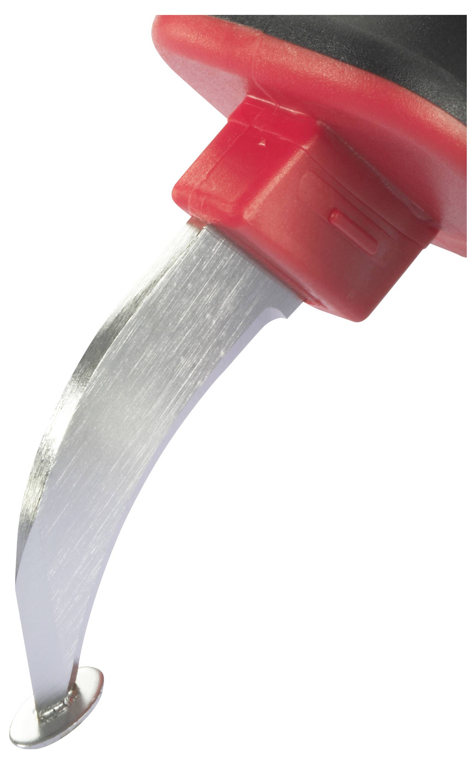 A red safety knife with a curved blade, suitable for cutting packaging and tapes.