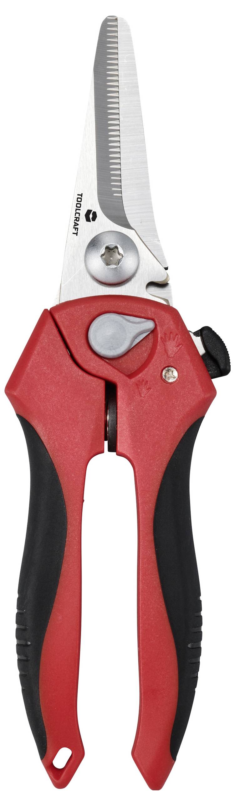 Red garden secateurs with black handles. Cutting blades made of silver-coloured metal, suitable for pruning plants.