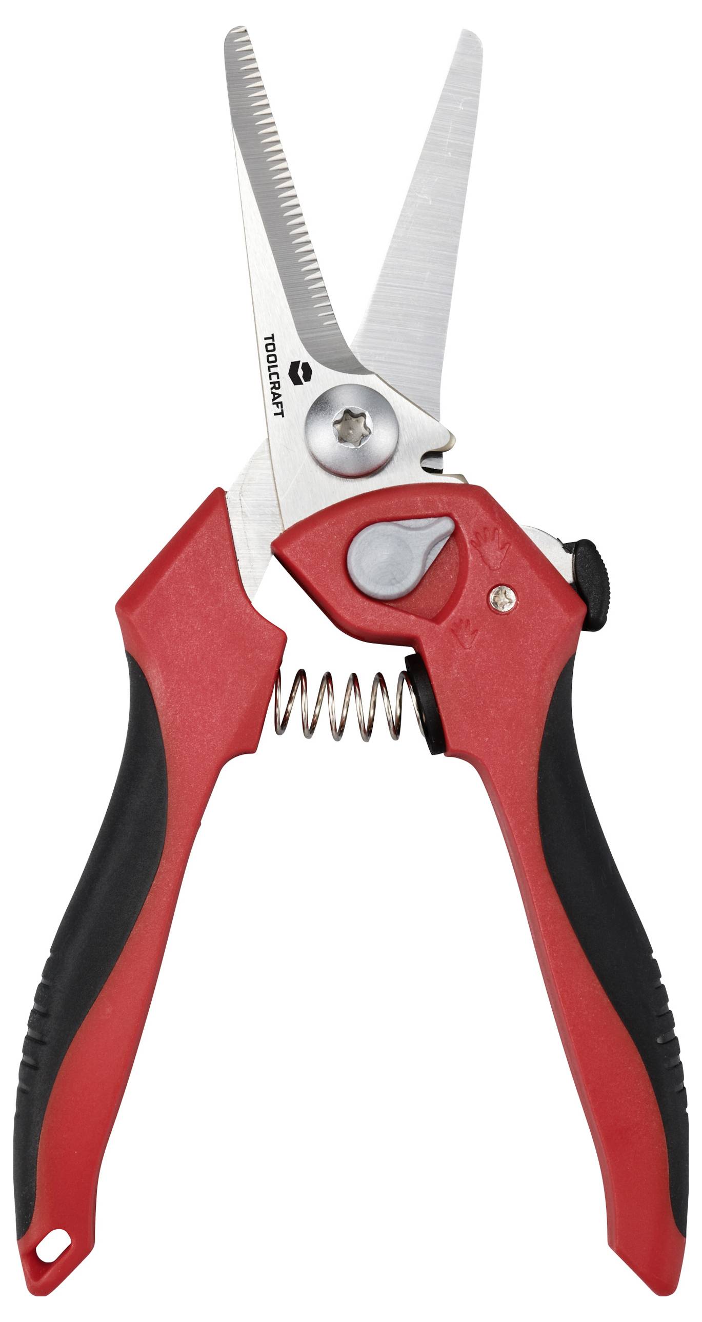 Red garden secateurs with black handles, metal blades and a spring that stands open. Ideal for cutting plants and branches.