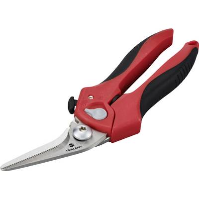 Garden secateurs with red and black handles, sharp silver blades, for precise cuts when pruning plants or flowers.