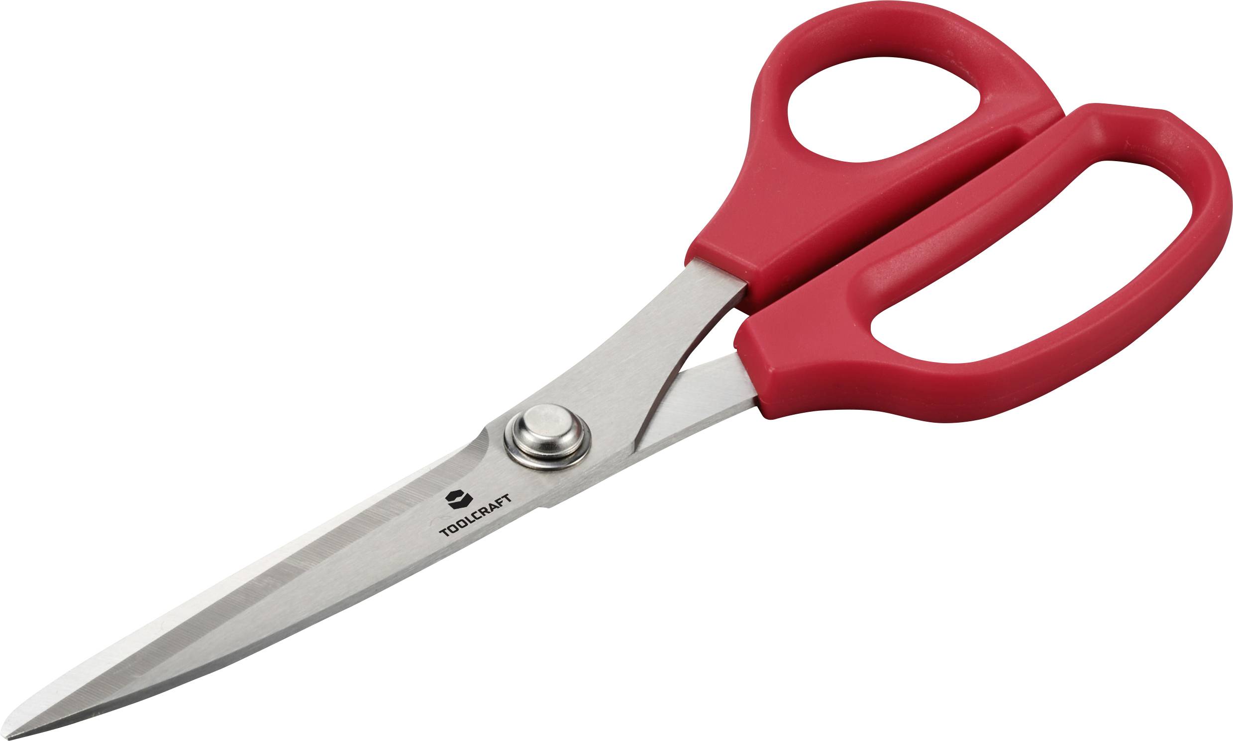A pair of scissors with red handles and silver blades, placed on a white surface.