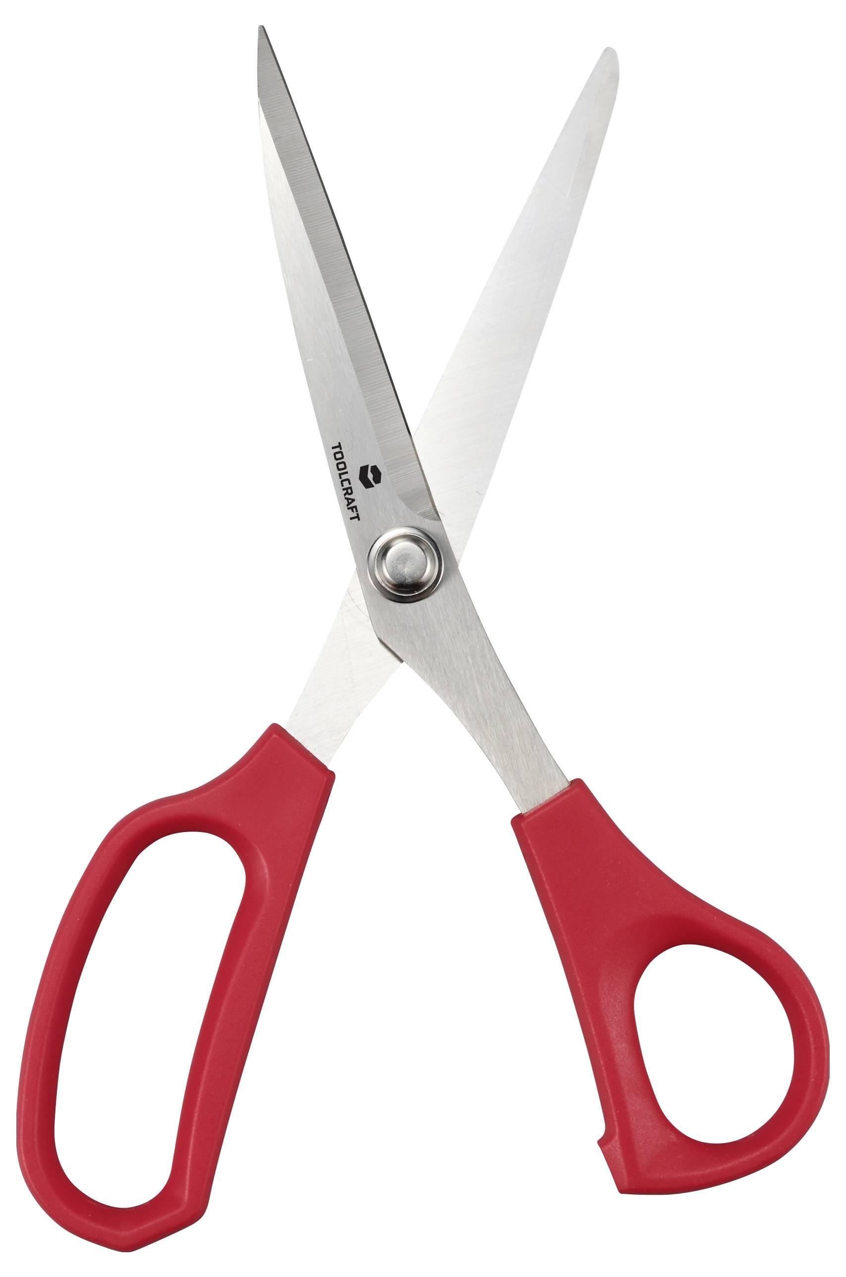 A pair of scissors with red handles and open silver blades. They are intended for cutting work.
