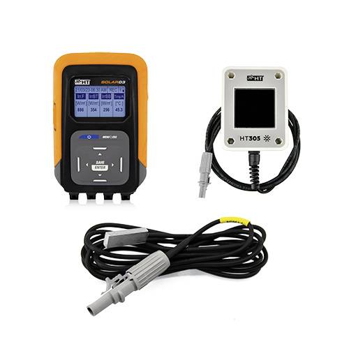 The image depicts a solar measuring device with a digital display and two sensors. It is used for measuring environmental parameters.