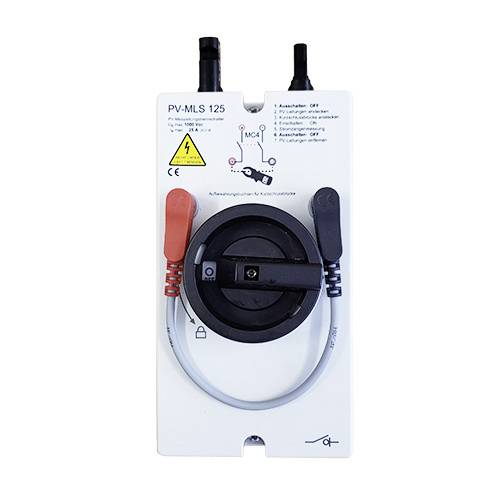 A PV disconnector switch with red and black connection terminals. Labelled 'PV-MLS 125' with electrical hazard warning signs.