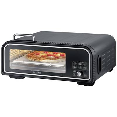 A black table-top oven in which a pizza with tomatoes is being baked. Controls and a viewing window are visible on the front.