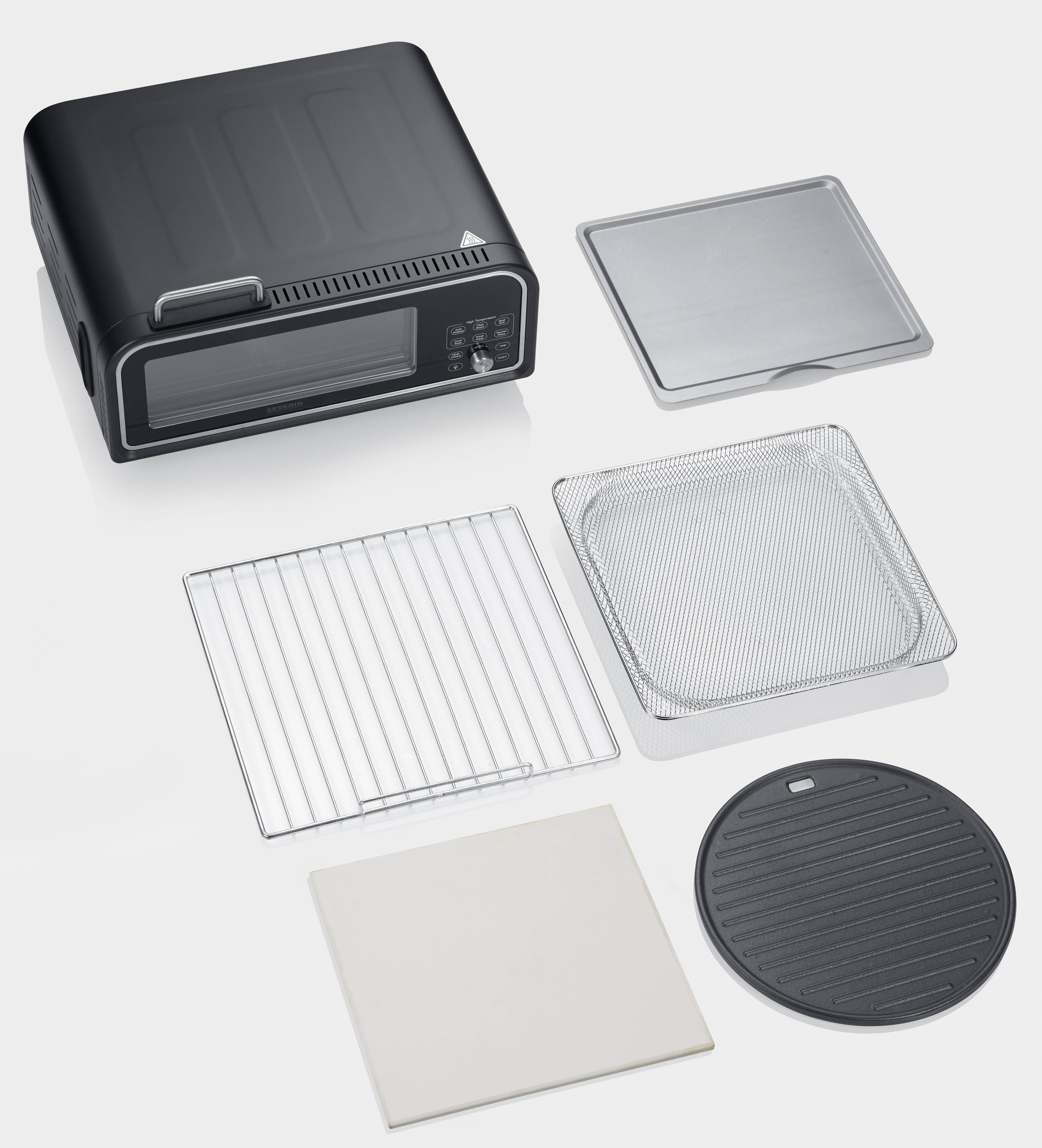 A black oven with accessories: grill rack, baking tray, grid, stone plate and round, ridged plate. All parts are removable.