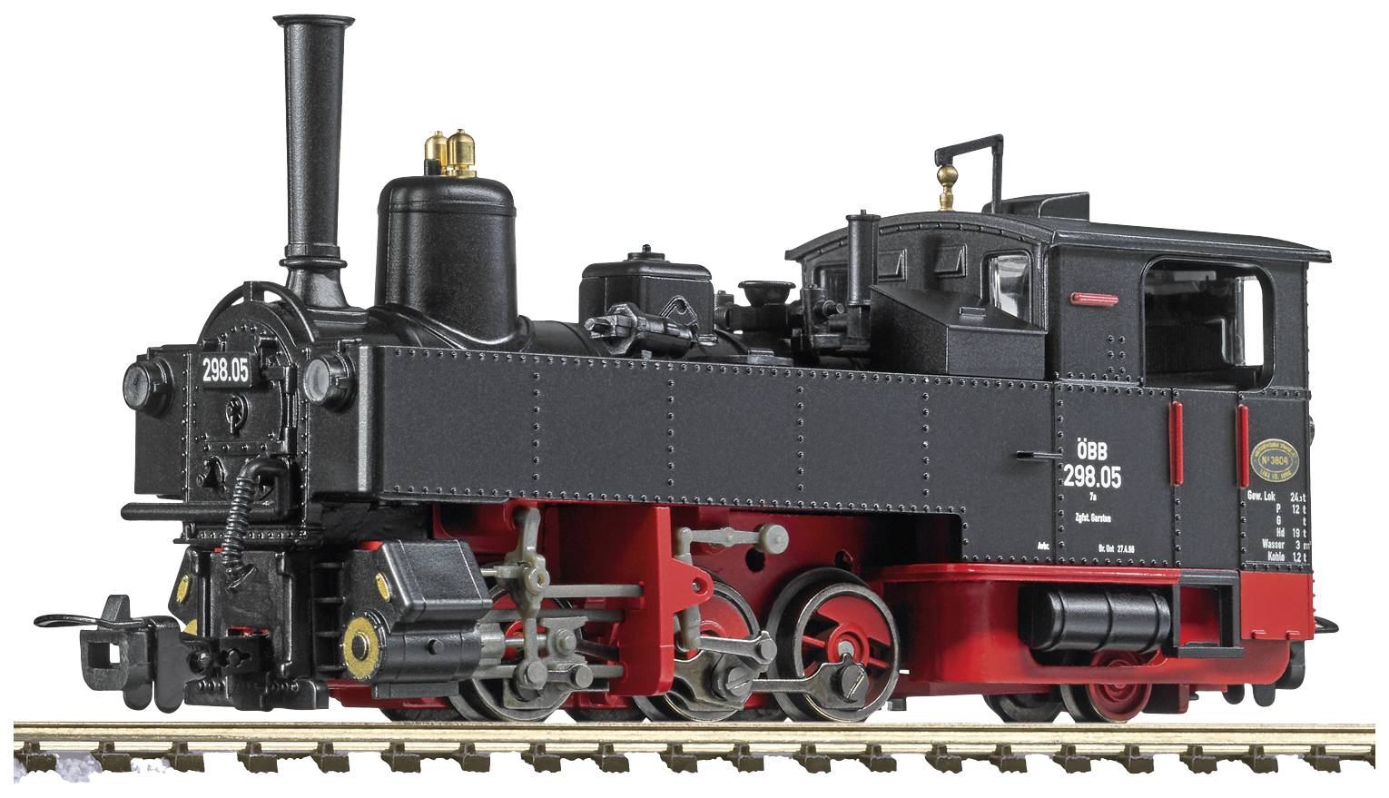 A black steam locomotive in model scale with red accents is standing on railway tracks. It displays fine details and historical characteristics.