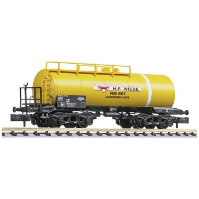 A yellow tanker wagon from H.F. Wiebe, marked with 'RM 801 WATER WAGON', is standing on a railway track.