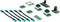 Various green electronic circuit board modules and cables, arranged on a surface. Includes rotary and toggle switch modules.