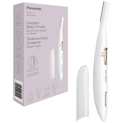 Panasonic compact body trimmer, white handheld device and packaging, suitable for quick hair removal on the go.