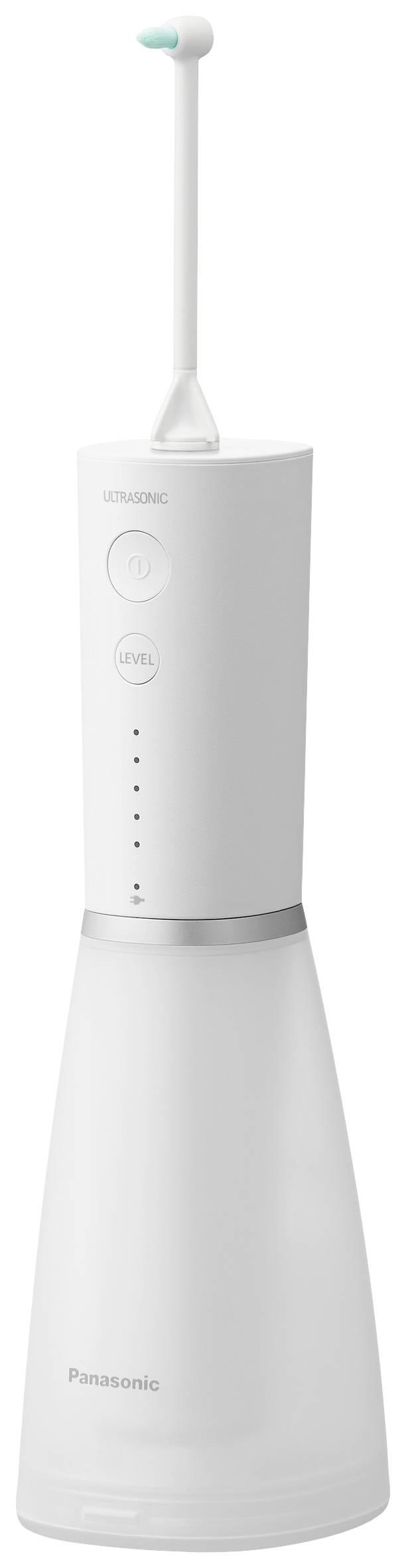 'White, portable electric oral irrigator with sleek design, featuring two buttons to control operating modes, marked with "Jet" and "Air".'