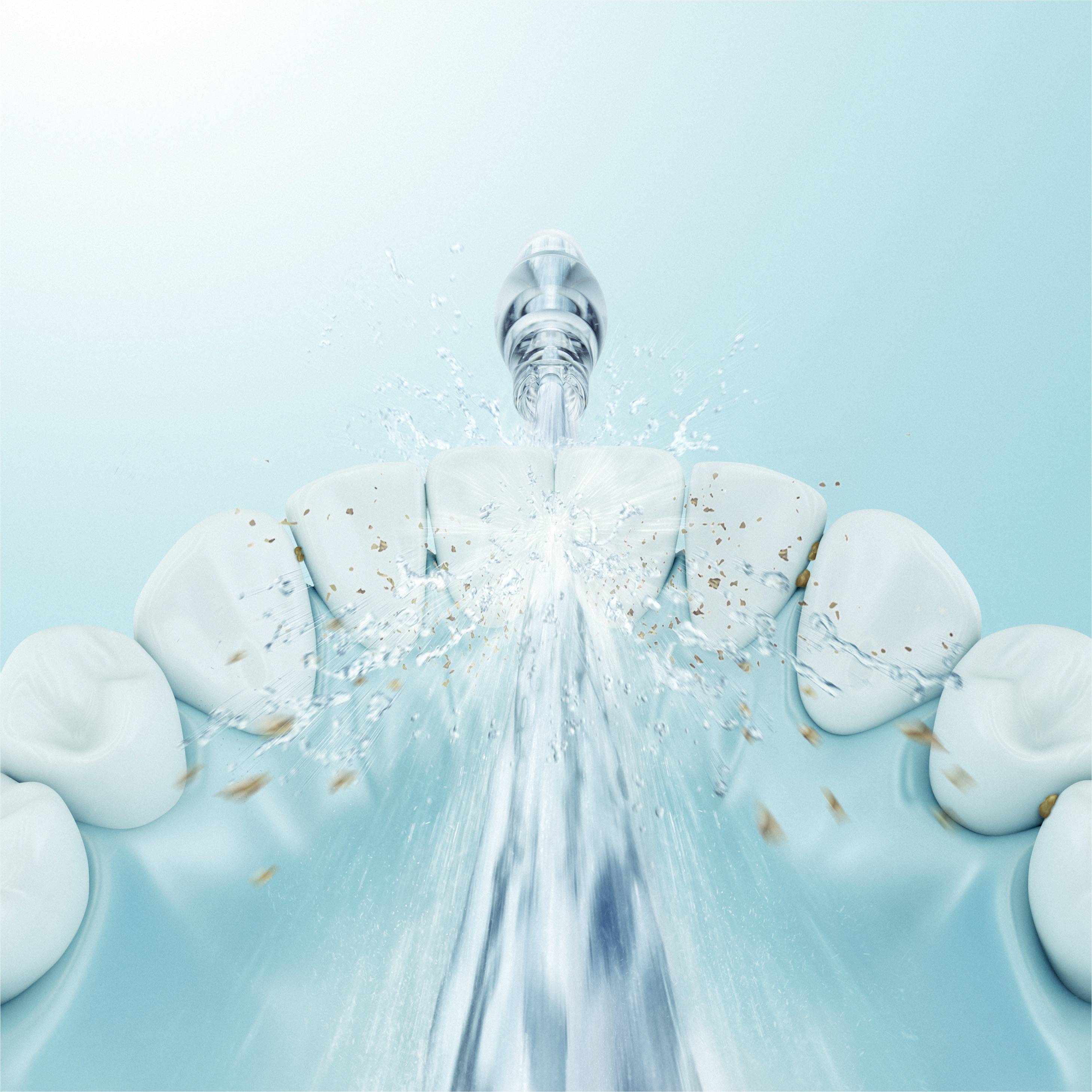 Water jet flushes between tooth gaps and removes food residue from teeth. Illustration of dental hygiene and cleaning.