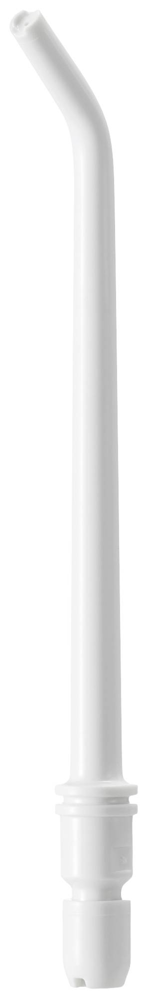 A white, curved plastic tube slightly points upwards. It could be part of a household appliance or a medical instrument.