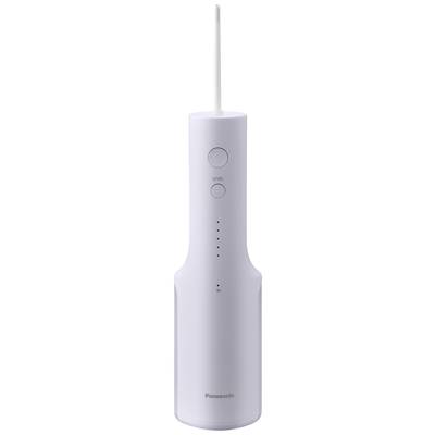 Portable water flosser in white, vertically oriented, with two buttons and five LED indicators on the front for pressure adjustment.