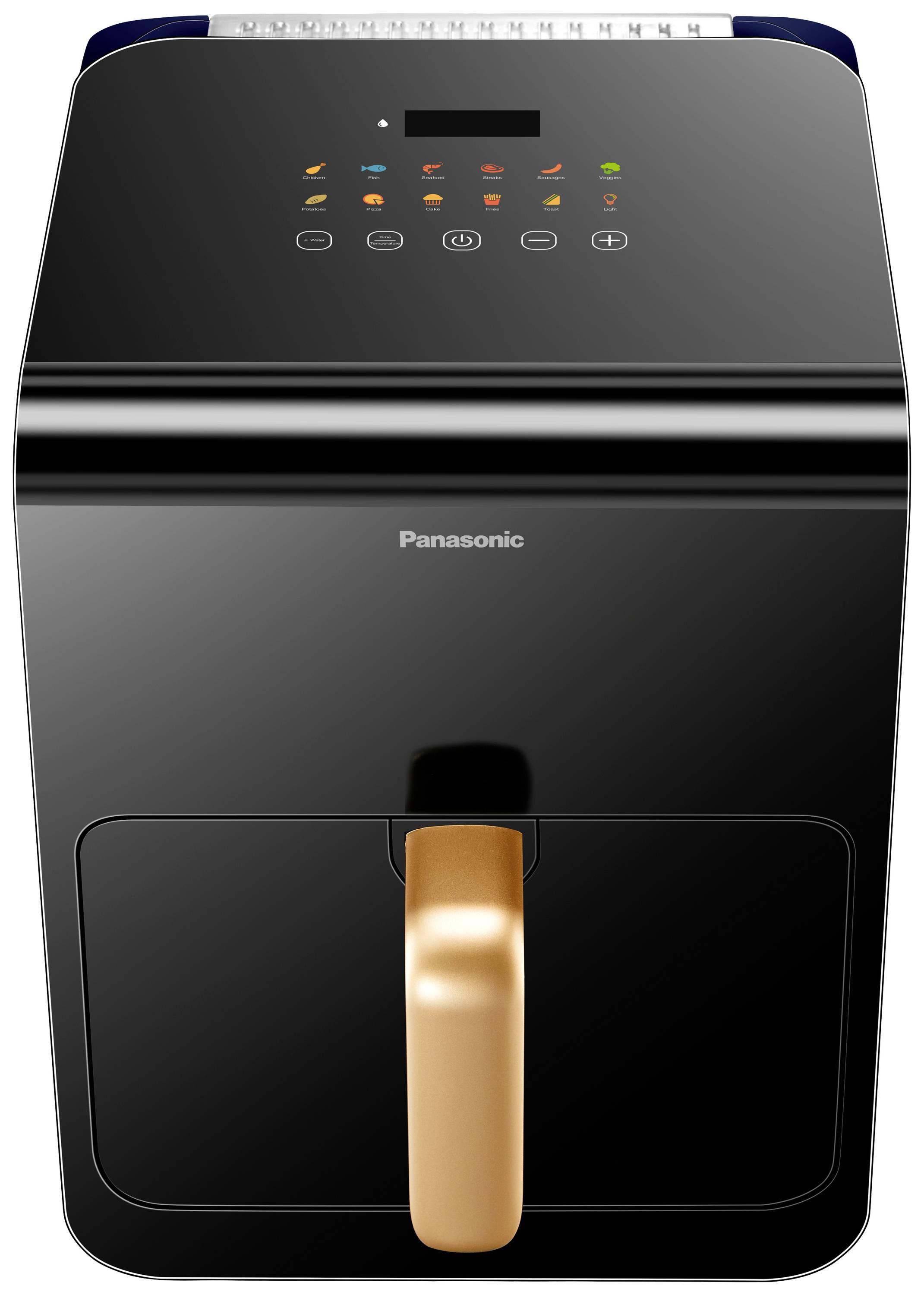 A black air fryer with a bronze-coloured handle and a touch control panel on top featuring symbols for different cooking options.