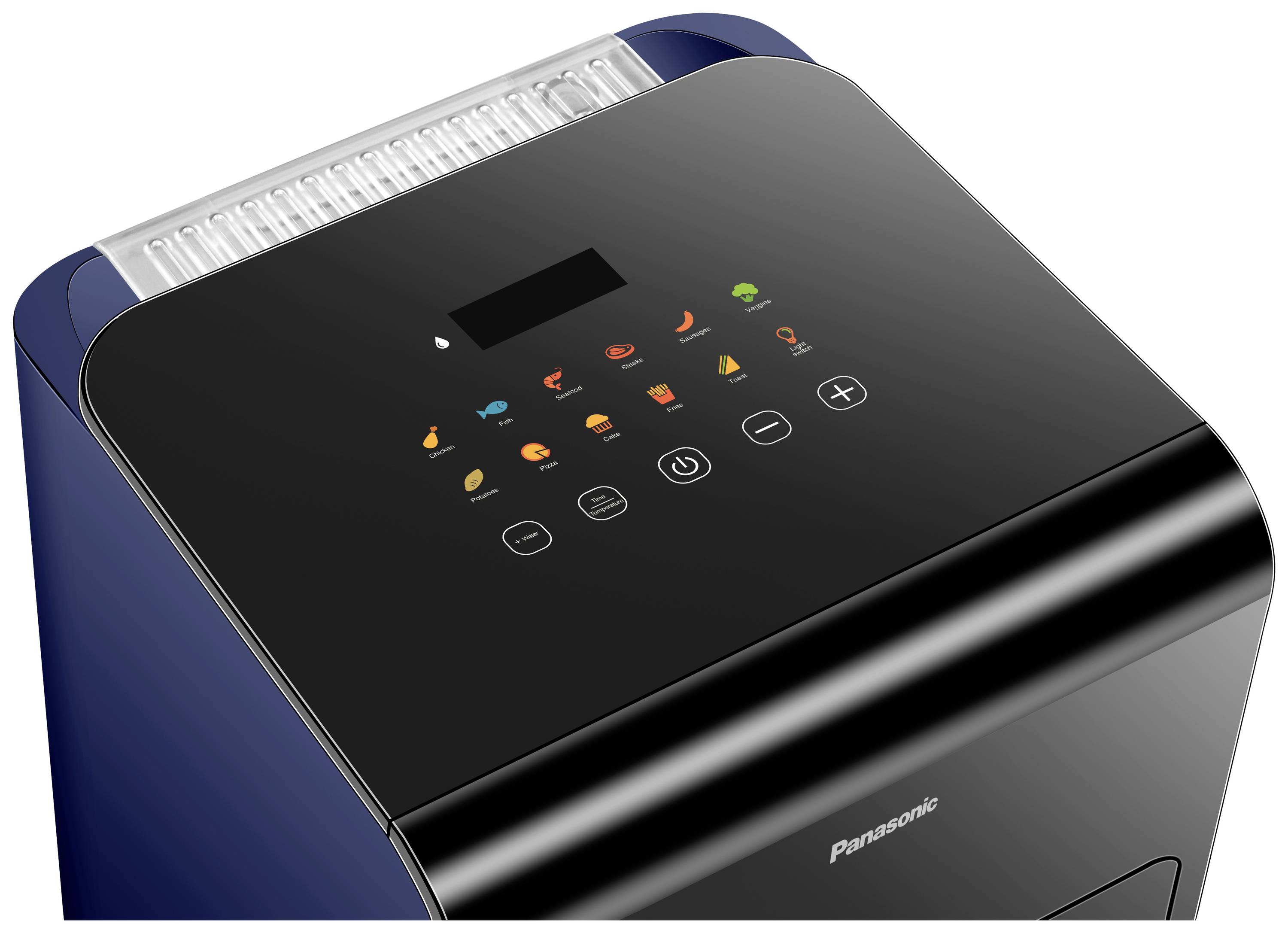 Top-down view of a black kitchen appliance with a display and symbols for controlling various functions.