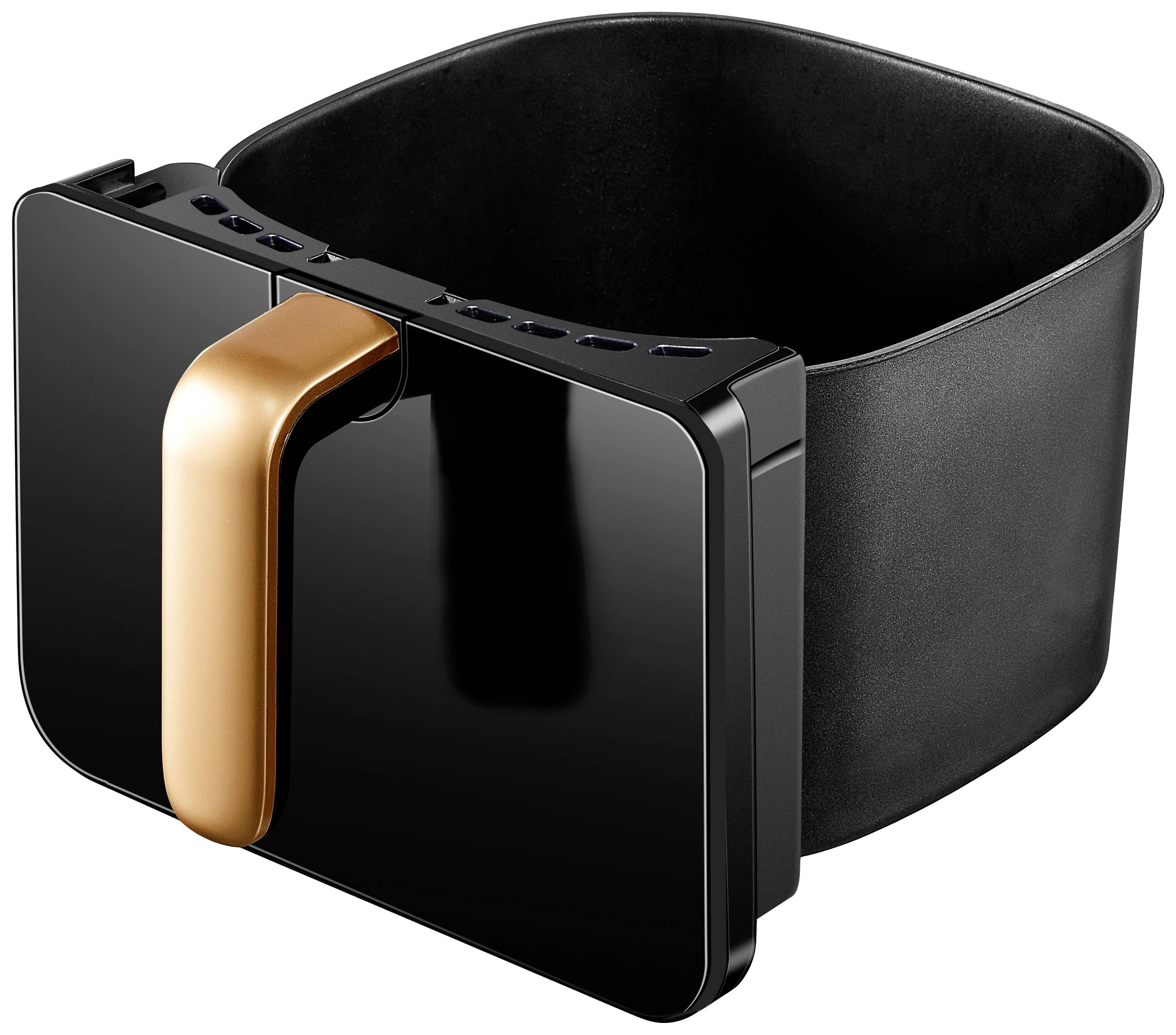 Air fryer drawer with black body and bronze-coloured handle, suitable for preparing chips, meat and more.