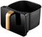 Air fryer drawer with black body and bronze-coloured handle, suitable for preparing chips, meat and more.