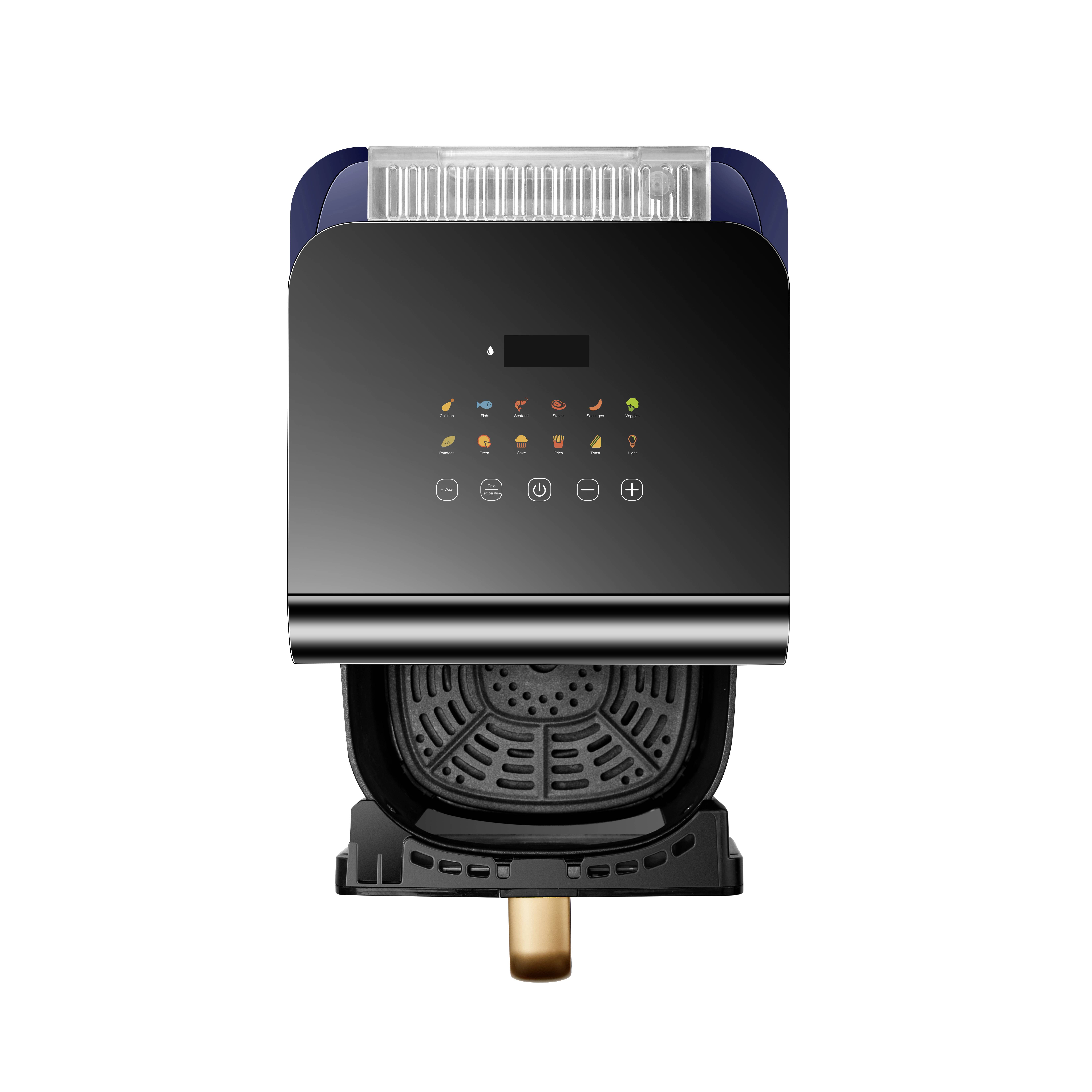 Black and gold hot air fryer with digital touchscreen display and multiple adjustable programmes, including frying and baking functions.