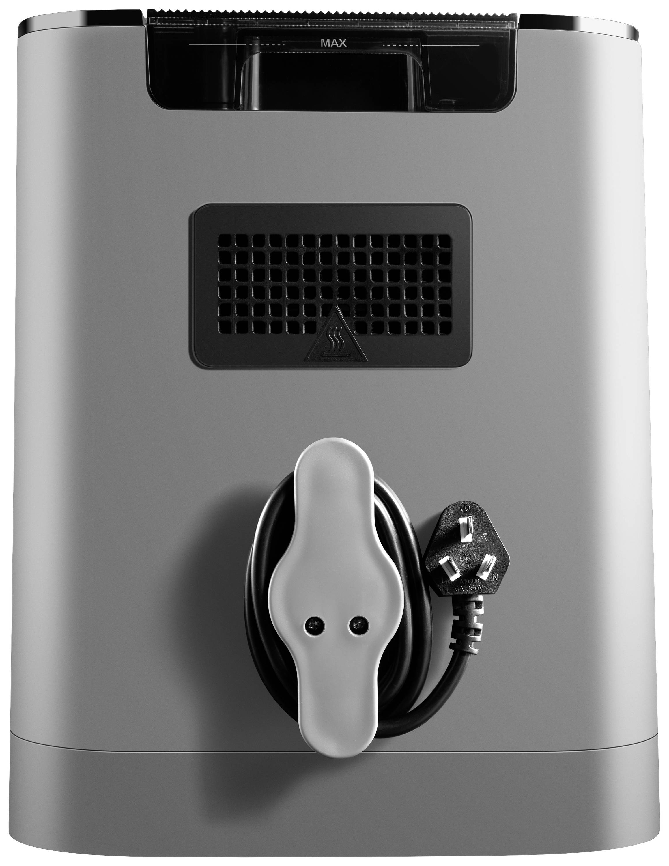 A silver coffee machine viewed from behind, showing the cable holder with a coiled black cable and plug.