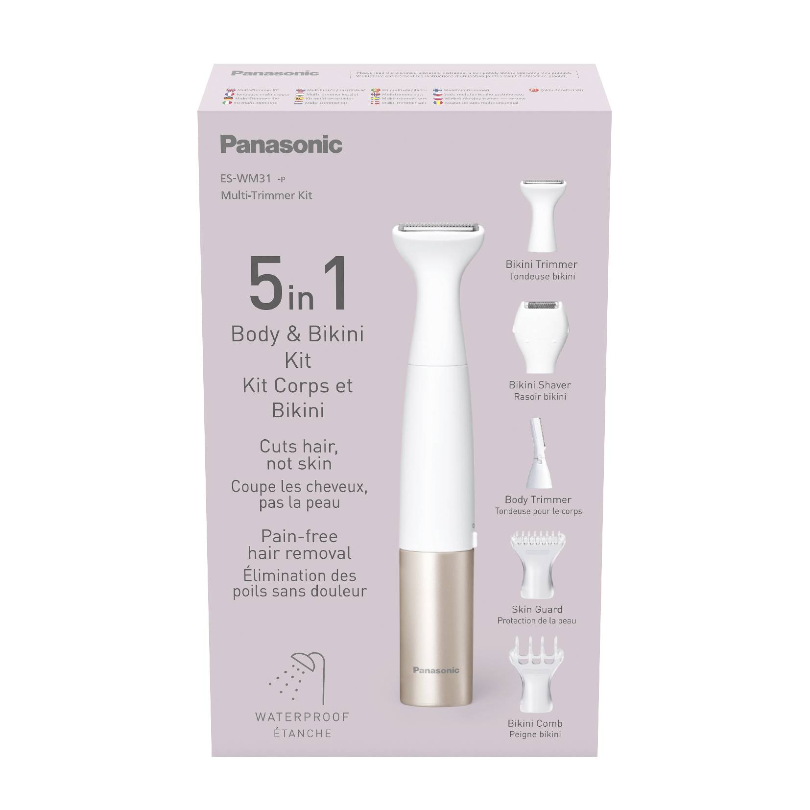 A white and gold 5-in-1 body and bikini trimmer by Panasonic, marketed as a painless hair removal device, waterproof.