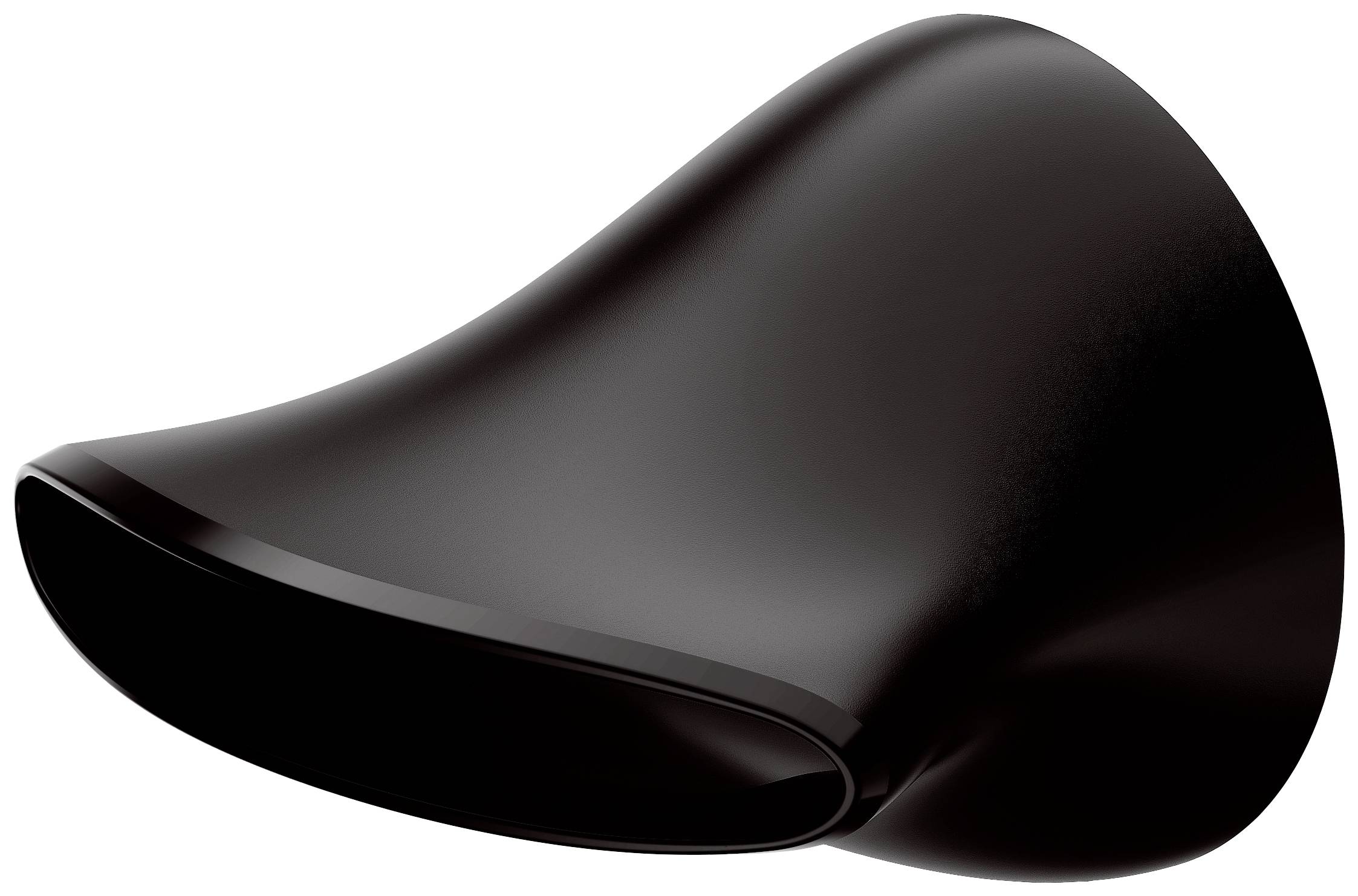 An elegant, curved black object made of polished material with a smooth surface and asymmetrical shape.