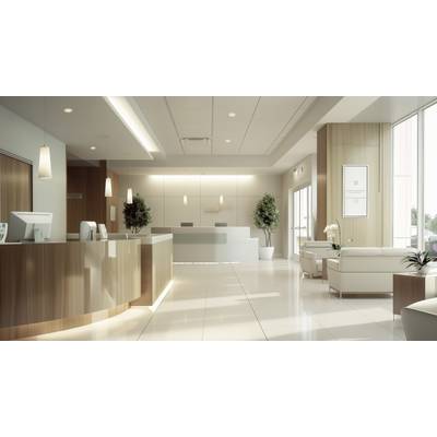 Modern waiting room lobby with reception desk, seating area and large windows allowing daylight to stream in. Plants decorate the space.