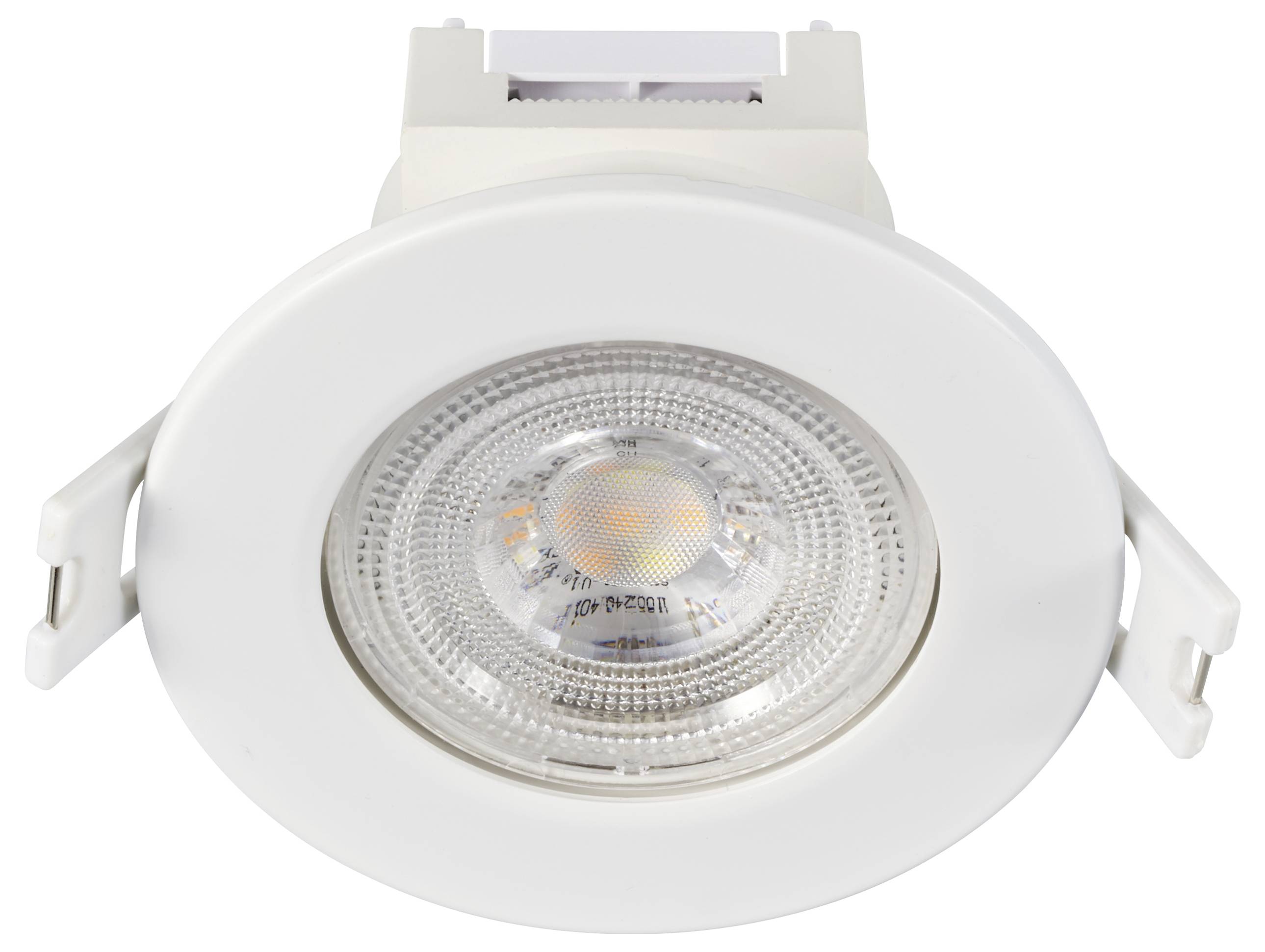 Recessed light, circular, white, with visible LED inside, suitable for ceiling mounting.