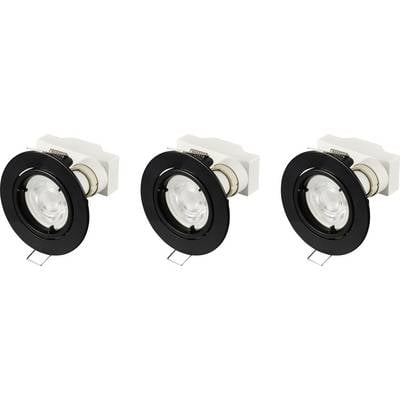 Three black recessed spotlights with halogen lamps, arranged side by side in a row. They are designed for ceiling mounting.