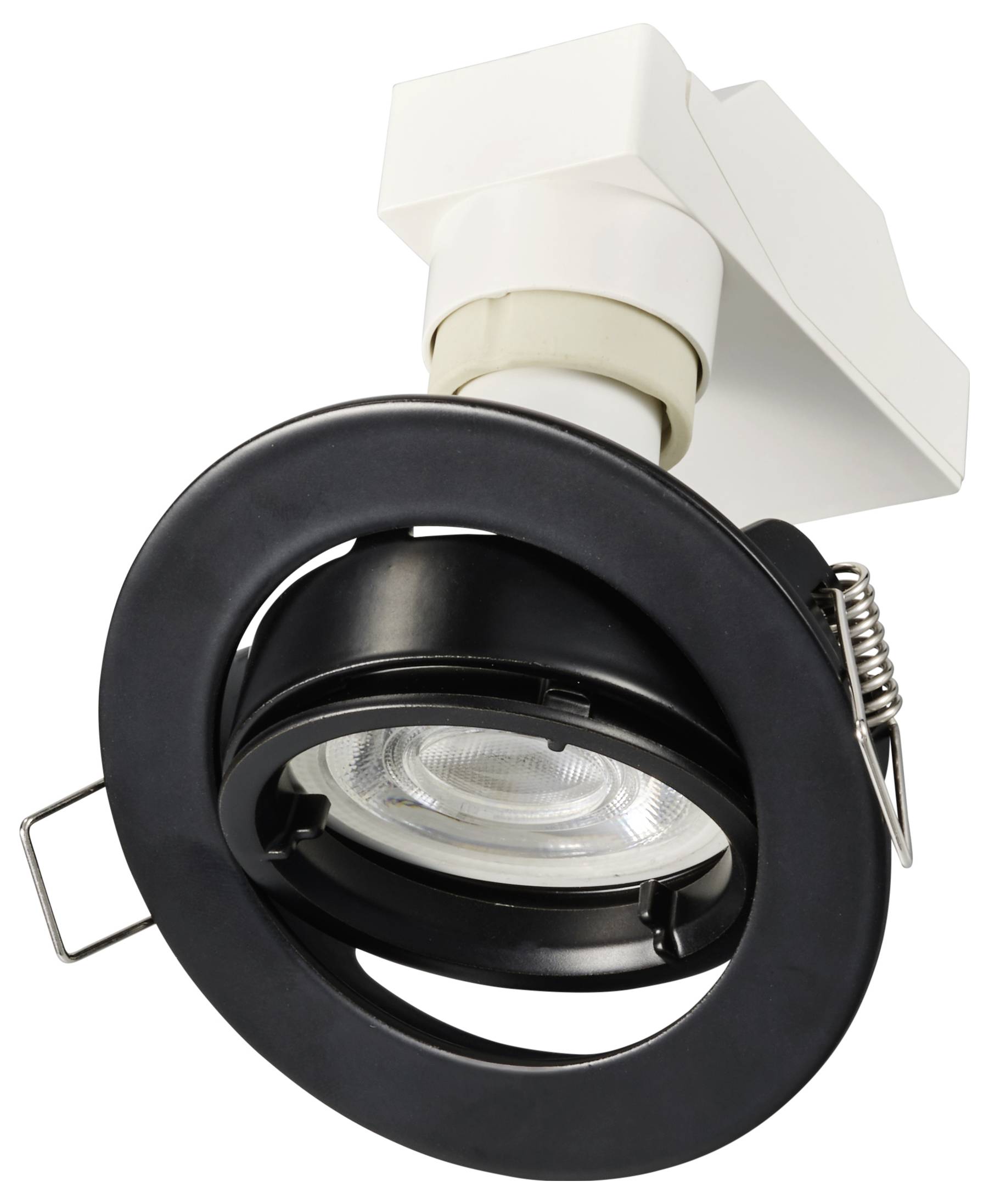 Black, adjustable ceiling spotlight on a white mount, suitable for directional lighting in living or work spaces.
