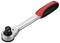 A silver ratchet with a black and red handle.