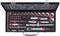 Toolkit with various socket keys, ratchets and extensions. Contains smaller and larger attachments for versatile applications.