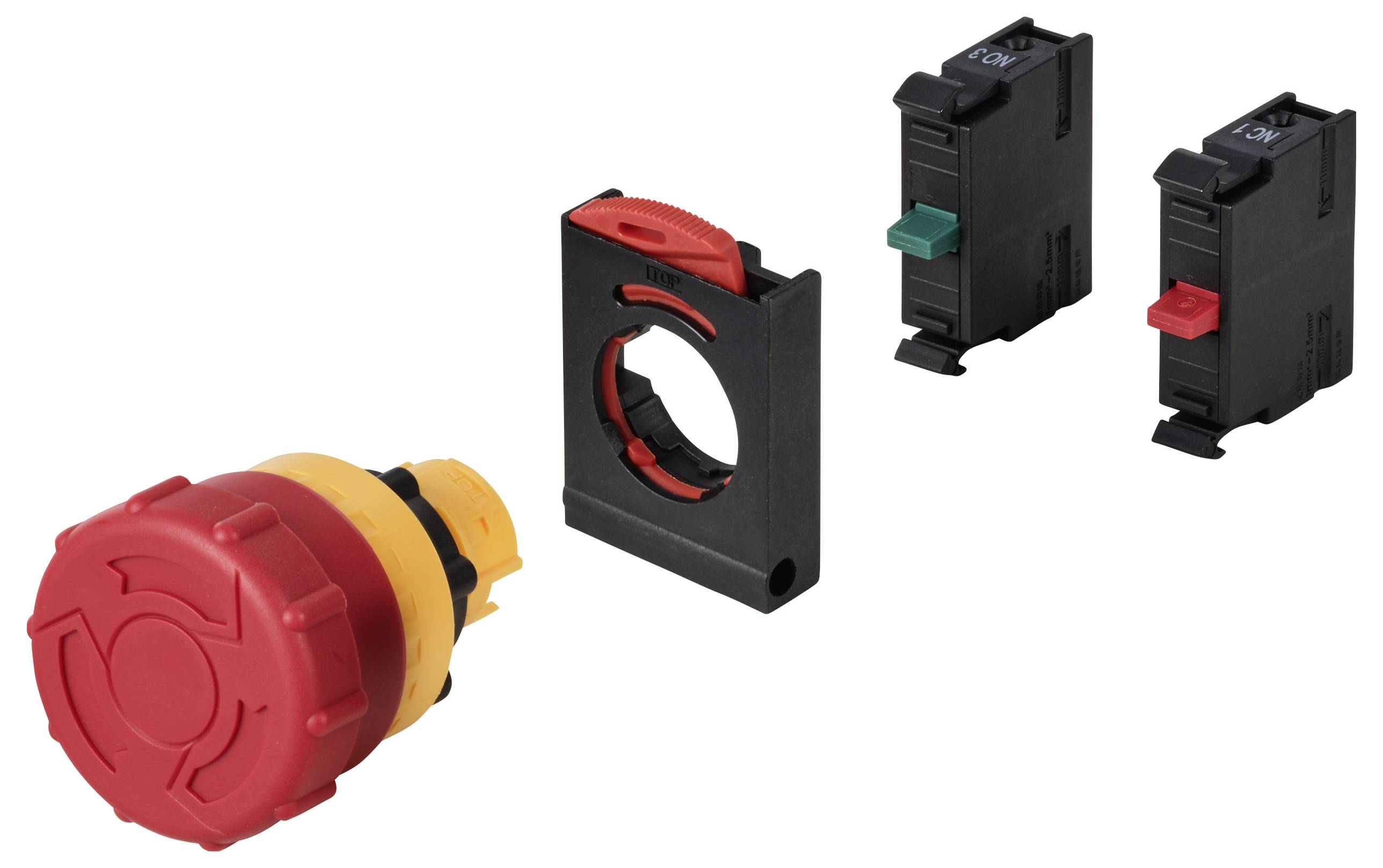 A red emergency stop switch with a yellow base, next to two black locks with green and red switches for electrical controls.