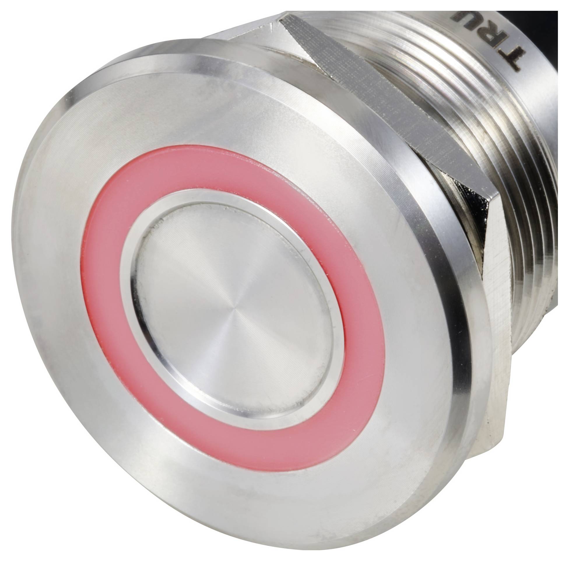 A silver metal button with a red illuminated ring, possibly an electrical switch.