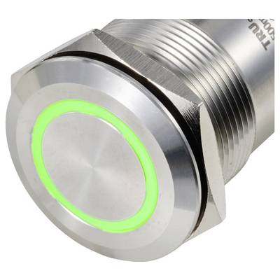 Silver metal button with a green illuminated ring, built into a cylindrical housing.
