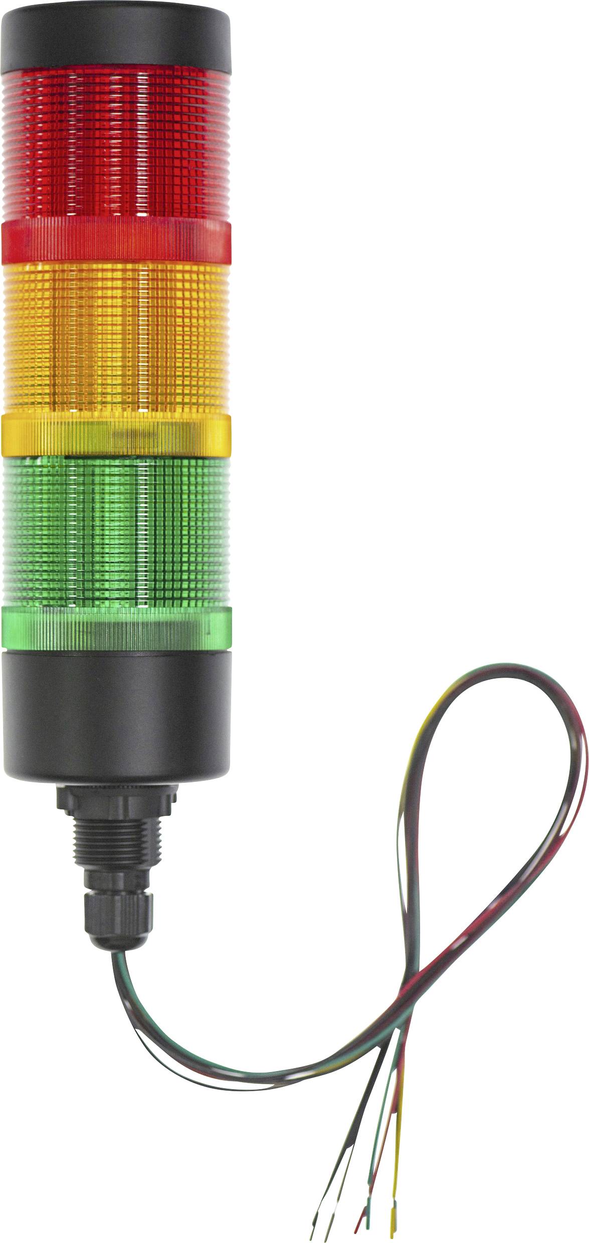 Traffic light with three lights: red, yellow, green. Commonly used to indicate machine status or warnings. Cable mounted at the bottom.