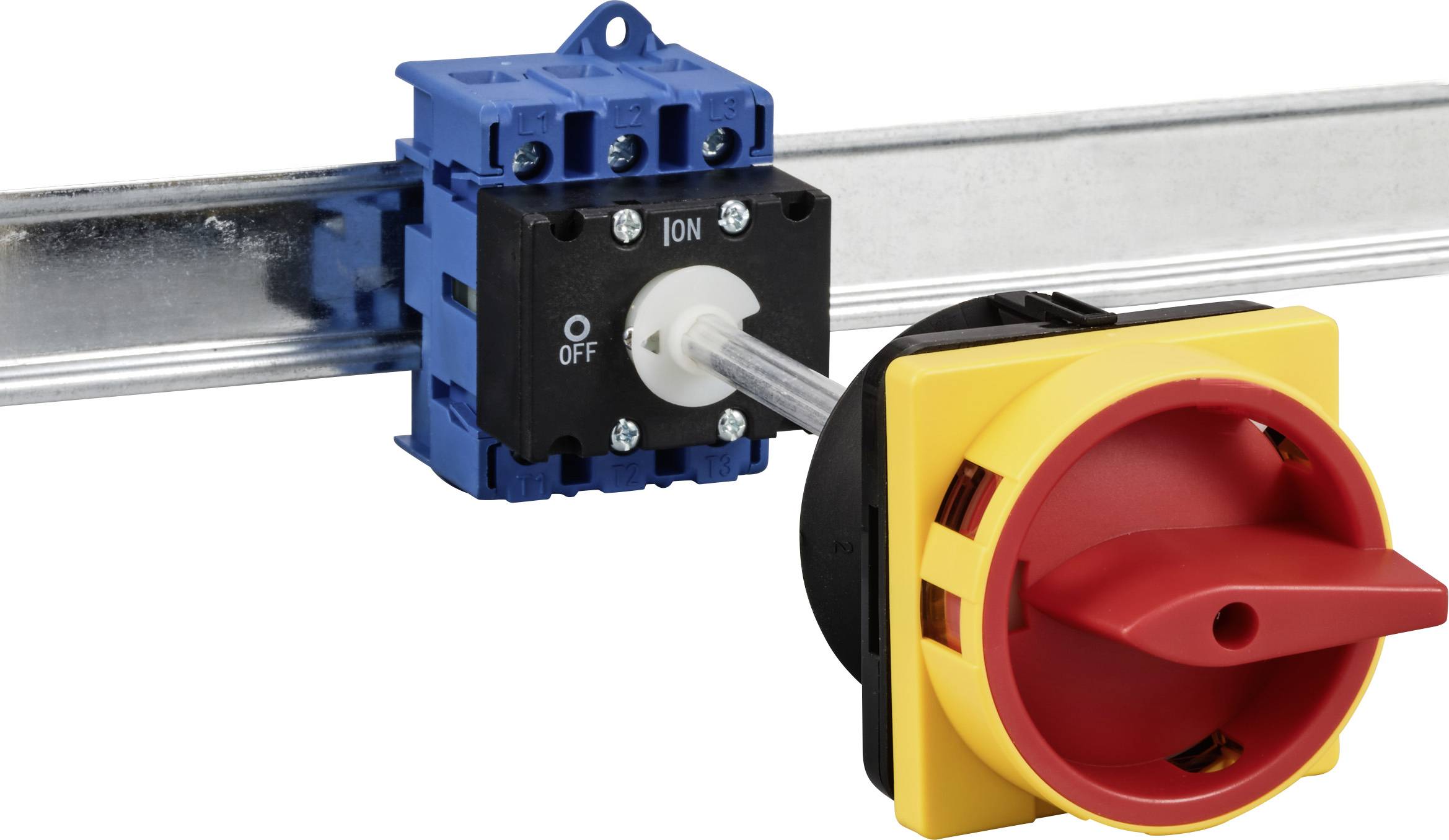 Rotary switch on a rail, with blue and yellow labelling; markings show 'ON', 'OFF' and 'I'.